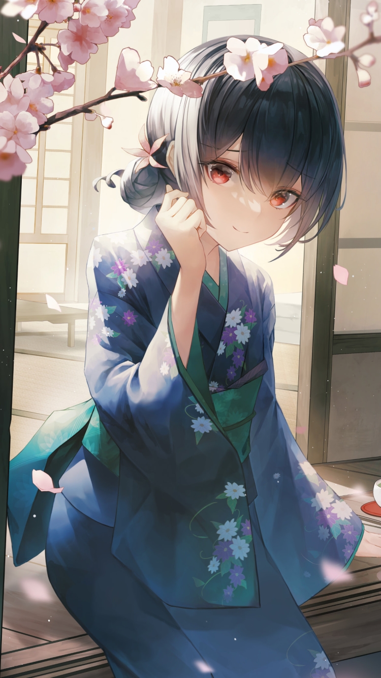 縁側で桜を見る花柄模様の青い着物を着た杜野凛世(もりのりんぜ) / アイドルマスターシャイニーカラーズの750 x 1334 / スマホ壁紙