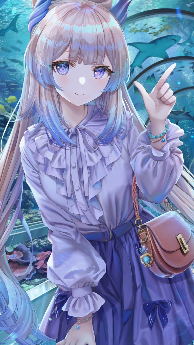 水族館でポーズを取る珊瑚宮心海（さんごのみやここみ） / 原神の750 x 1334 / スマホ壁紙
