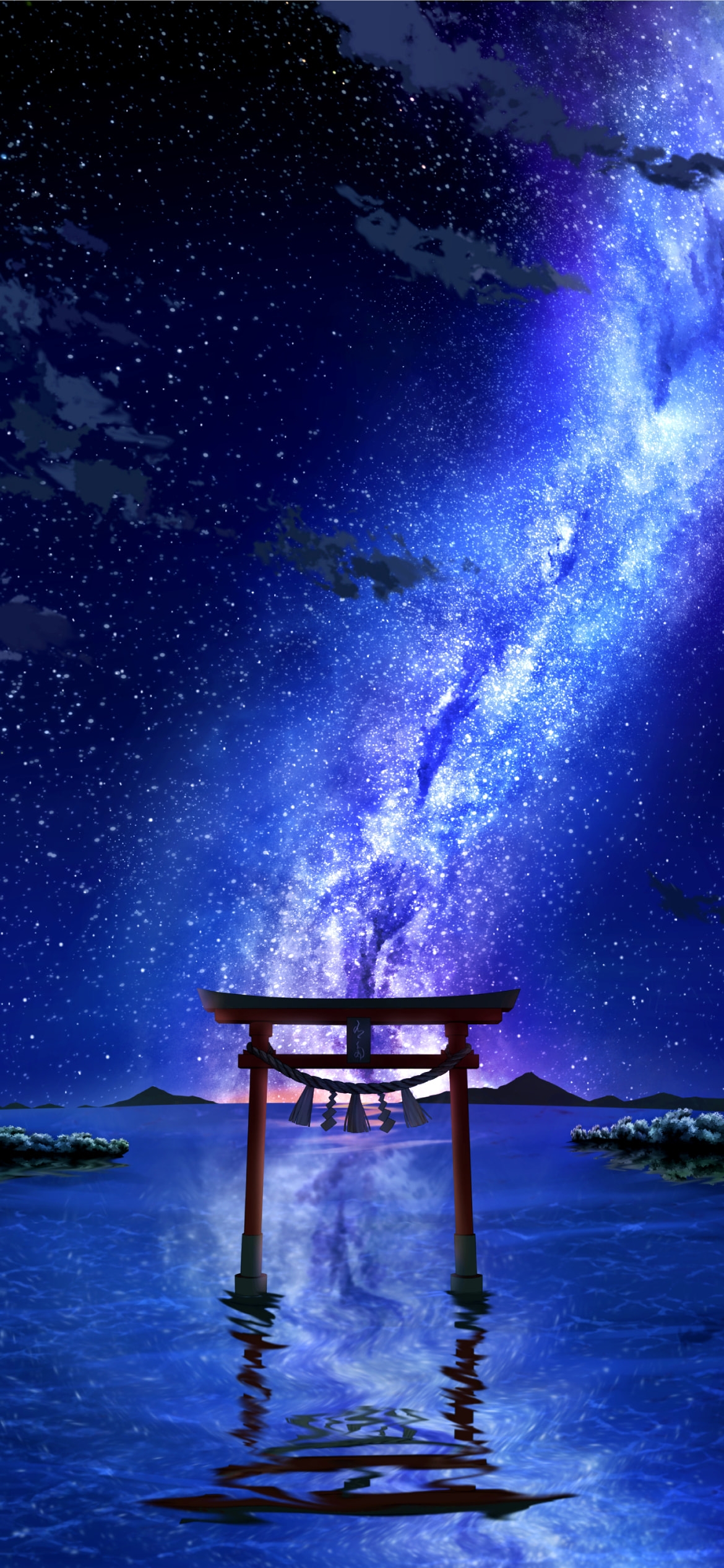 鈴がついた赤い鳥居と天の川 / 銀河の1170 x 2532 / スマホ壁紙