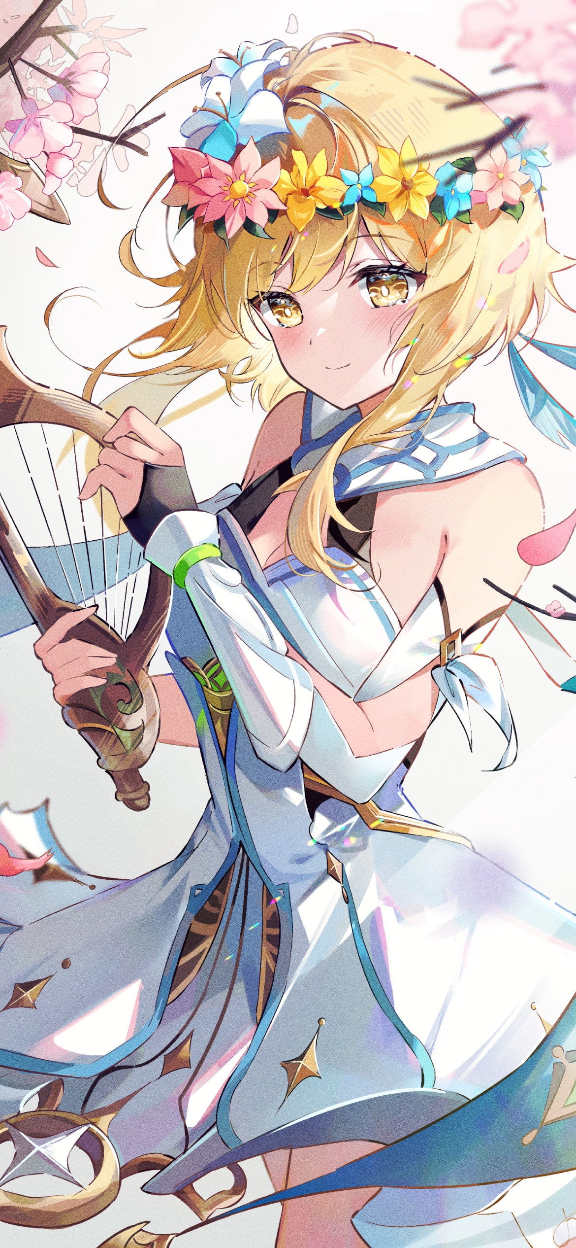 ピンクの花 / ハープを奏でる蛍 / 原神の1170 x 2532 / スマホ壁紙