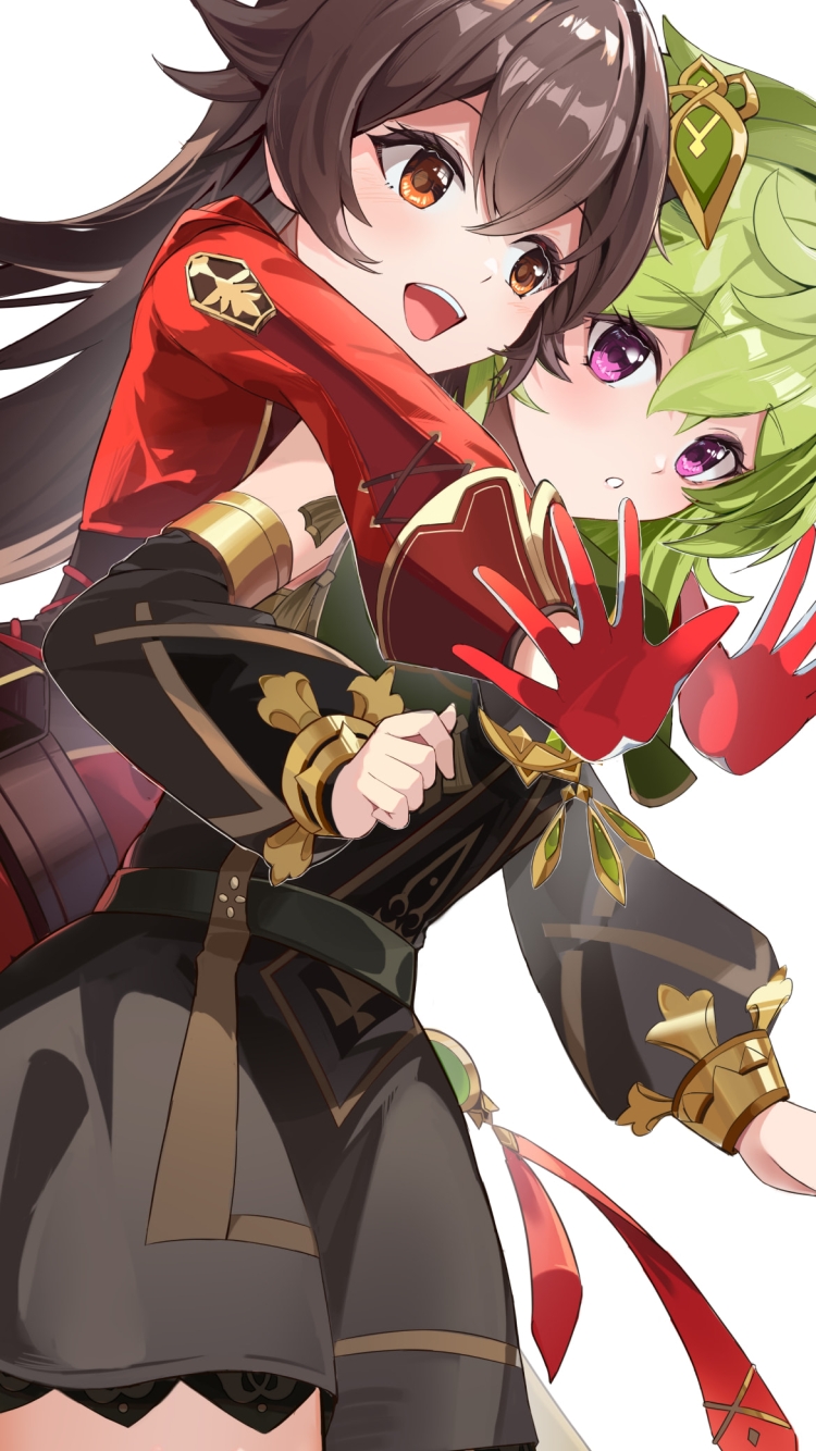 コレイに抱き着くアンバー / 原神の750 x 1334 / スマホ壁紙