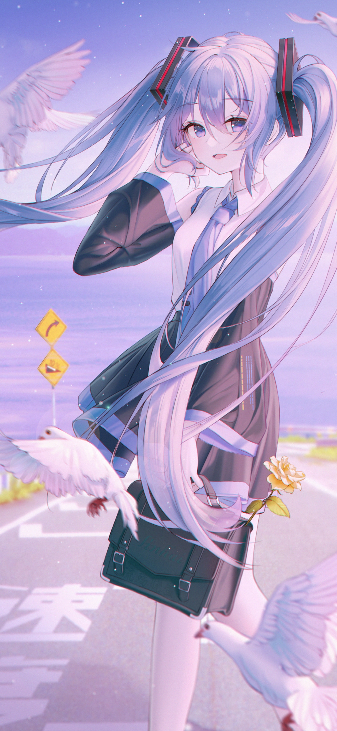 海沿いの道 / 白い鳩 / 初音ミク / 速度制限 / ボカロ / ボーカロイドの1170 x 2532 / スマホ壁紙
