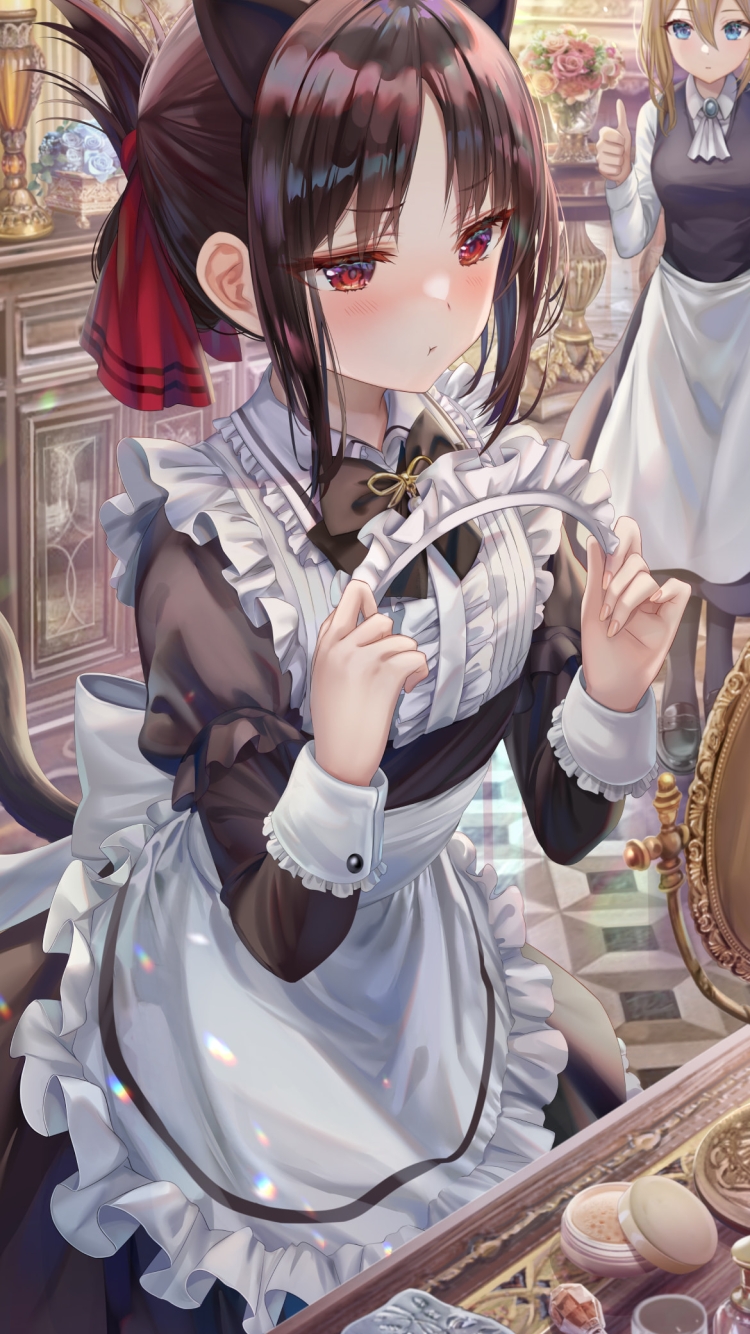 メイド姿の四宮かぐやと親指を立てる早坂愛 / かぐや様は告らせたい～天才たちの恋愛頭脳戦～の750 x 1334 / スマホ壁紙