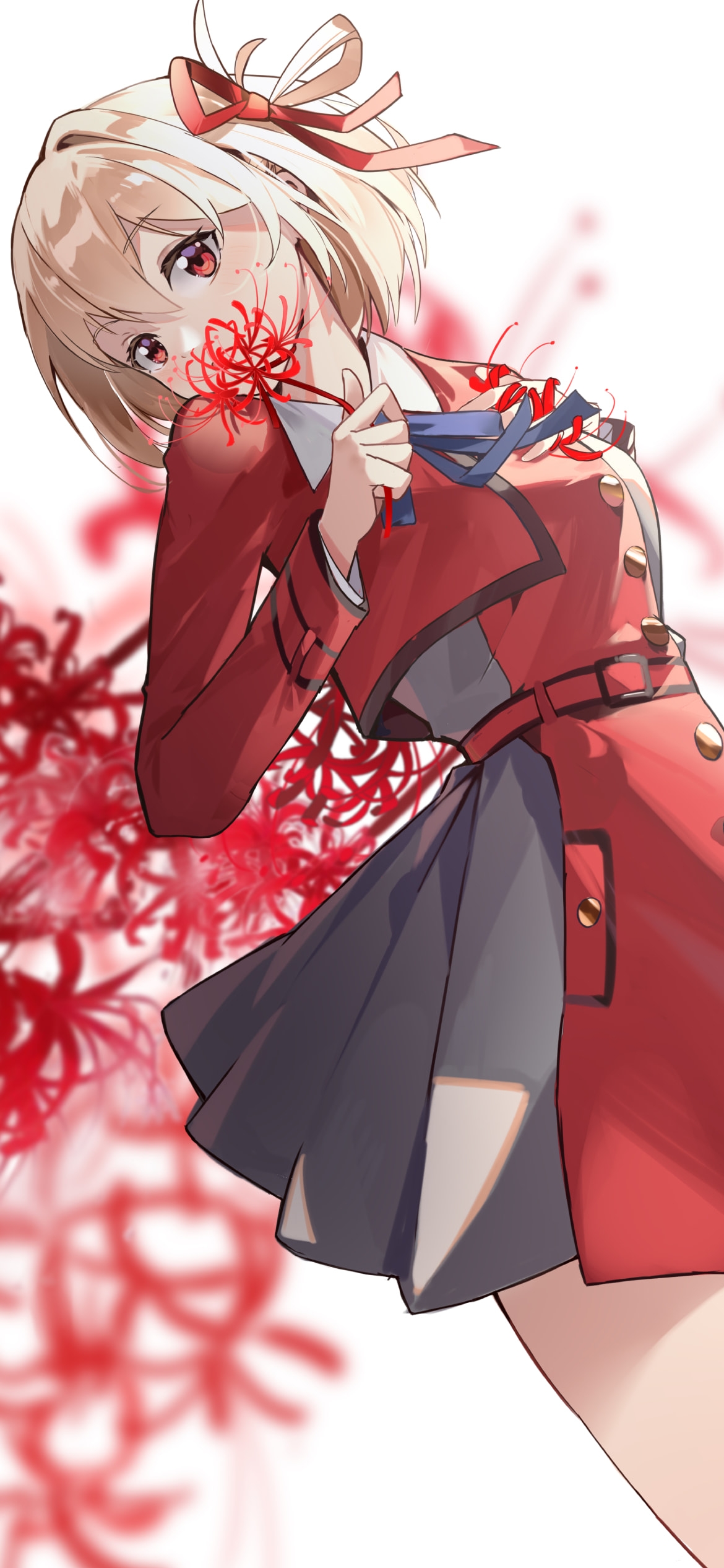1輪の彼岸花を持つ錦木千束 / リコリス・リコイル / イラスト / ファンアートの1170 x 2532 / スマホ壁紙