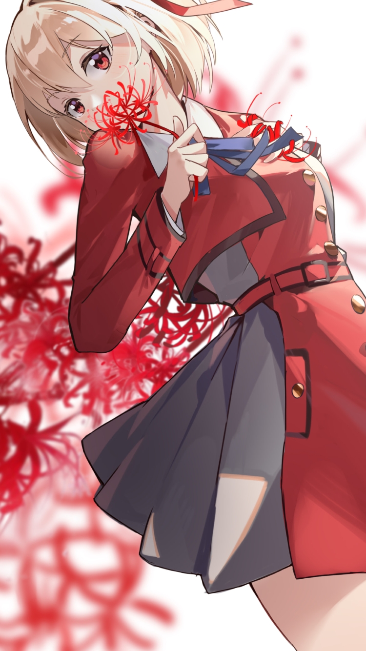 1輪の彼岸花を持つ錦木千束 / リコリス・リコイル / イラスト / ファンアートの750 x 1334 / スマホ壁紙