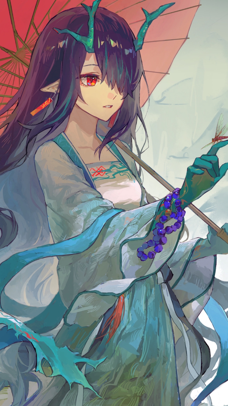 手にとまったトンボを見つめるシー / 赤い和傘 / 綺麗 / アークナイツ / イラスト / ファンアートの750 x 1334 / スマホ壁紙