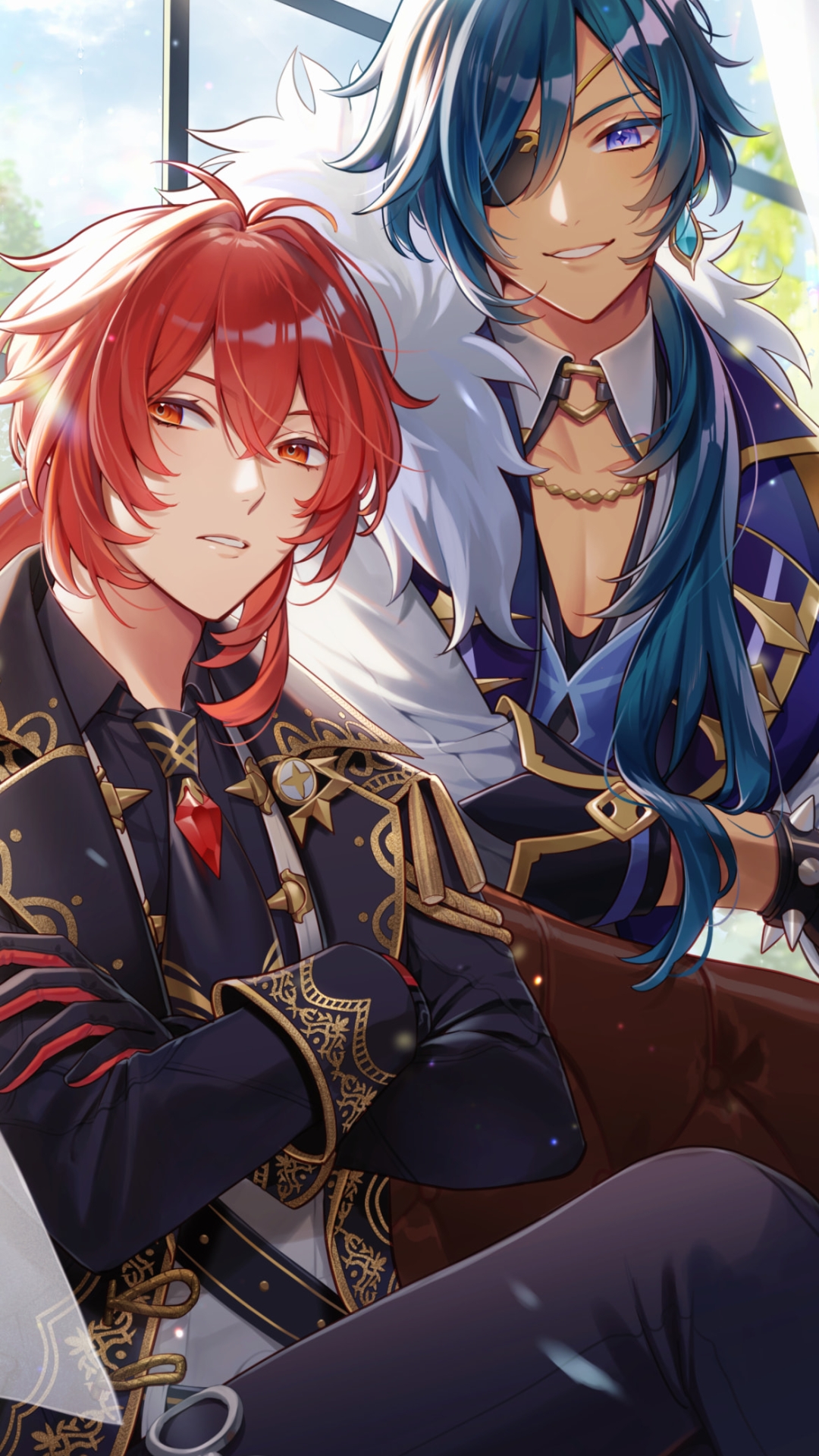 窓際で並んで座るディルック・ラグヴィンドとガイア・アルベリヒ / 原神 / イラスト / ファンアートの1080 x 1920 / スマホ壁紙