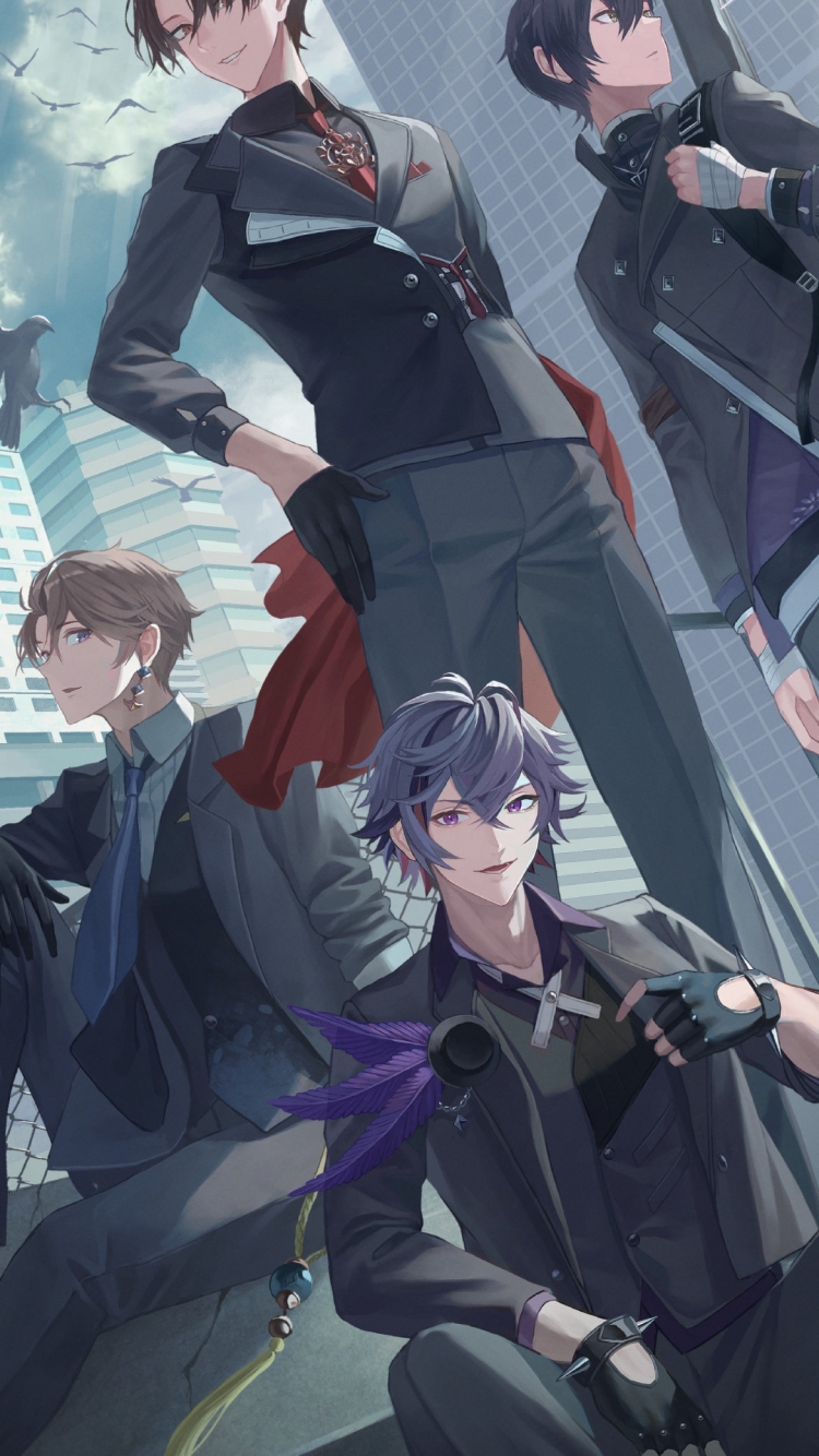 スーツ姿のかっこいい不破湊 / 剣持刀也 / 加賀美ハヤト / 甲斐田晴 / カラス / 都会のビル群 / にじさんじ / バーチャルYouTuber / Vtuber / イラスト / ファンアートの750 x 1334 / スマホ壁紙