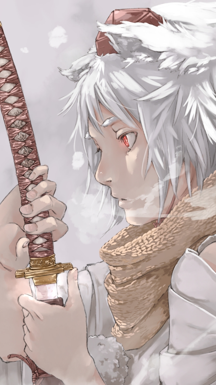 刀を抜く犬走椛(いぬばしりもみじ) / かっこいい / 東方の750 x 1334 / スマホ壁紙