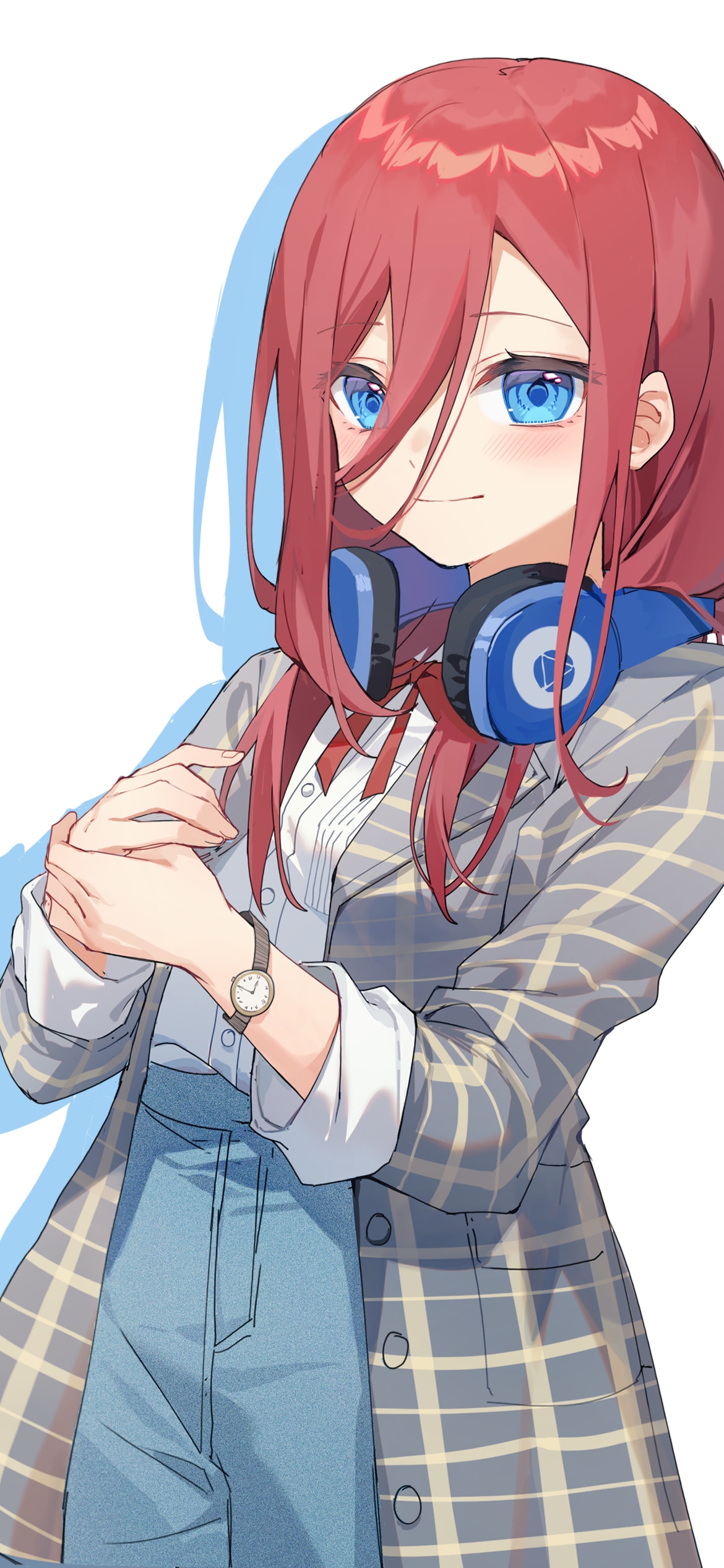 プニプニの中野三玖 / 青いヘッドフォン / 腕時計 / チェックのロングコート / 五等分の花嫁の1170 x 2532 / スマホ壁紙