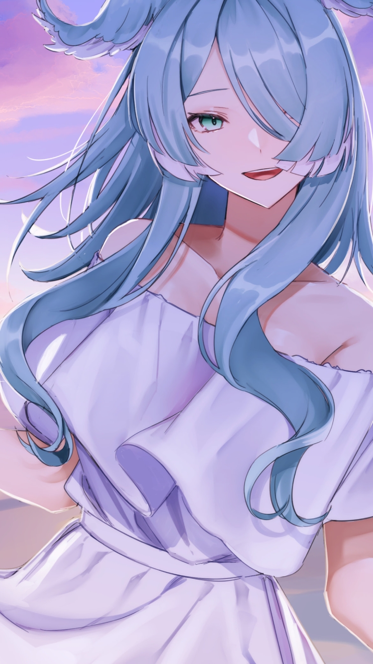 白いドレスを着て微笑むエリーラ・ペンドラ / 海 / Elira Pendora / にじさんじ / Vtuber / バーチャルYouTuberの750 x 1334 / スマホ壁紙