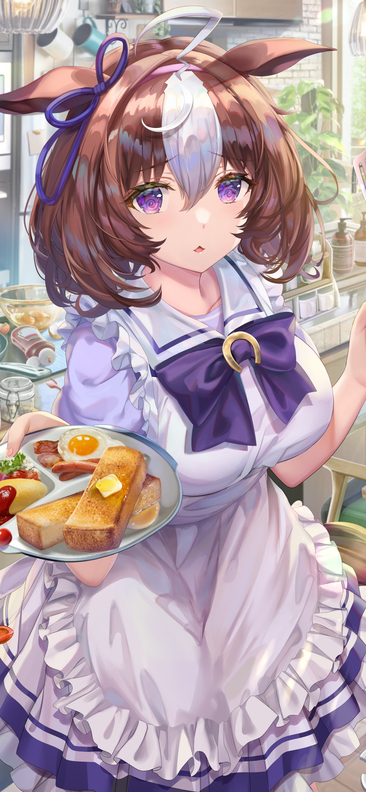 料理を作るメイショウドトウ / オムライス / トースト / 目玉焼き / ウィンナー / キッチン / ウマ娘の1170 x 2532 / スマホ壁紙
