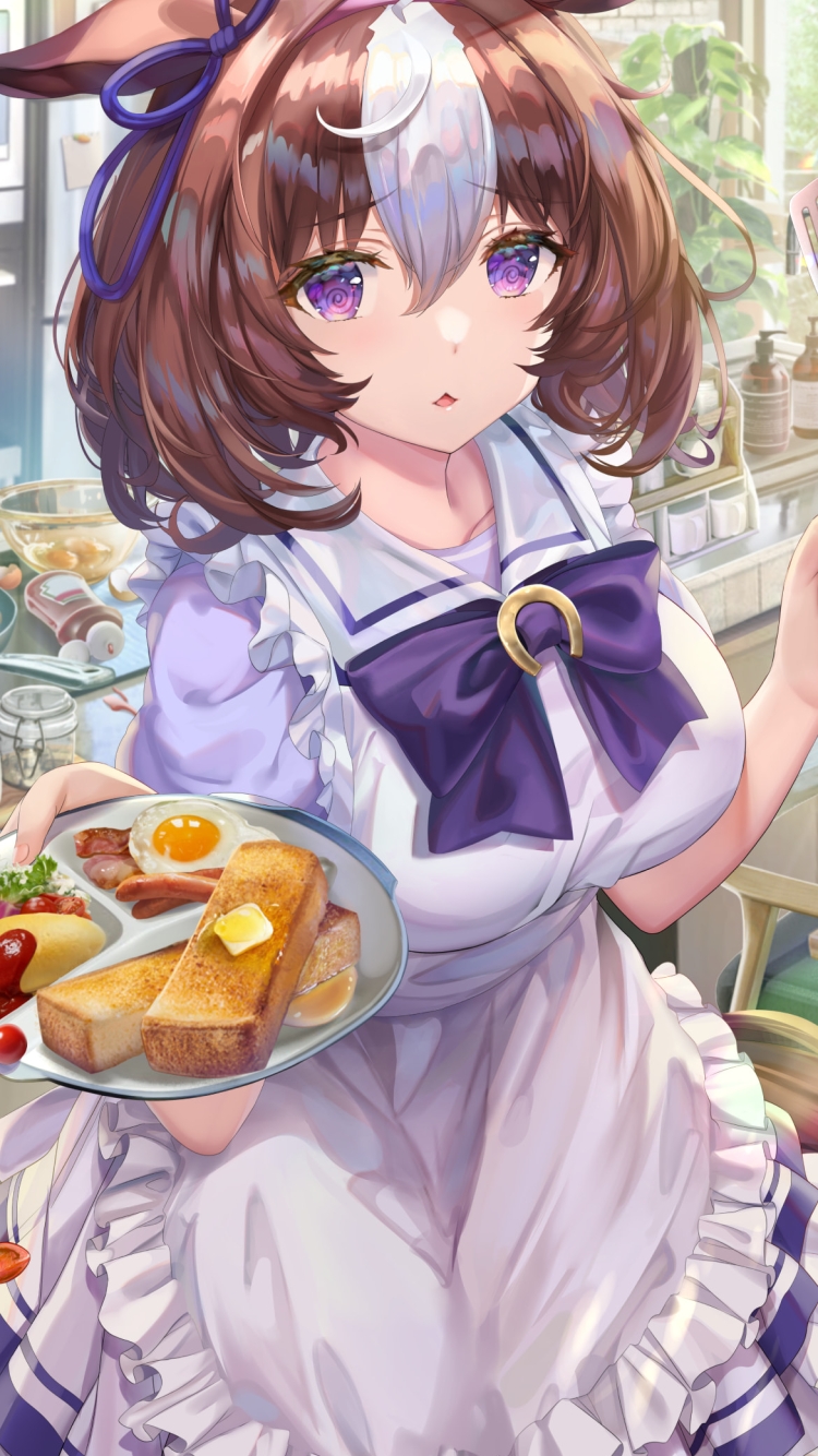 料理を作るメイショウドトウ / オムライス / トースト / 目玉焼き / ウィンナー / キッチン / ウマ娘の750 x 1334 / スマホ壁紙