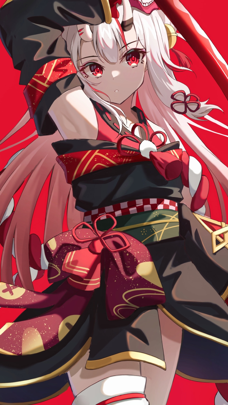抜刀する百鬼あやめ / 上段の構え / ホロライブ / バーチャルYouTuberの750 x 1334 / スマホ壁紙