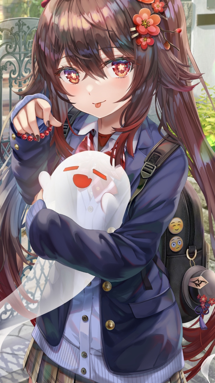 お化けを抱えながら登校するかわいい胡桃 / 原神の750 x 1334 / スマホ壁紙