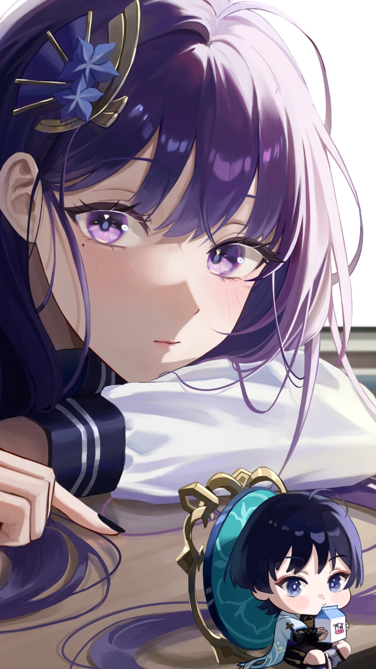 セーラー服を着た可愛い雷電将軍 / 牛乳を飲むスカラマシュ / 放浪者 / 原神の750 x 1334 / スマホ壁紙