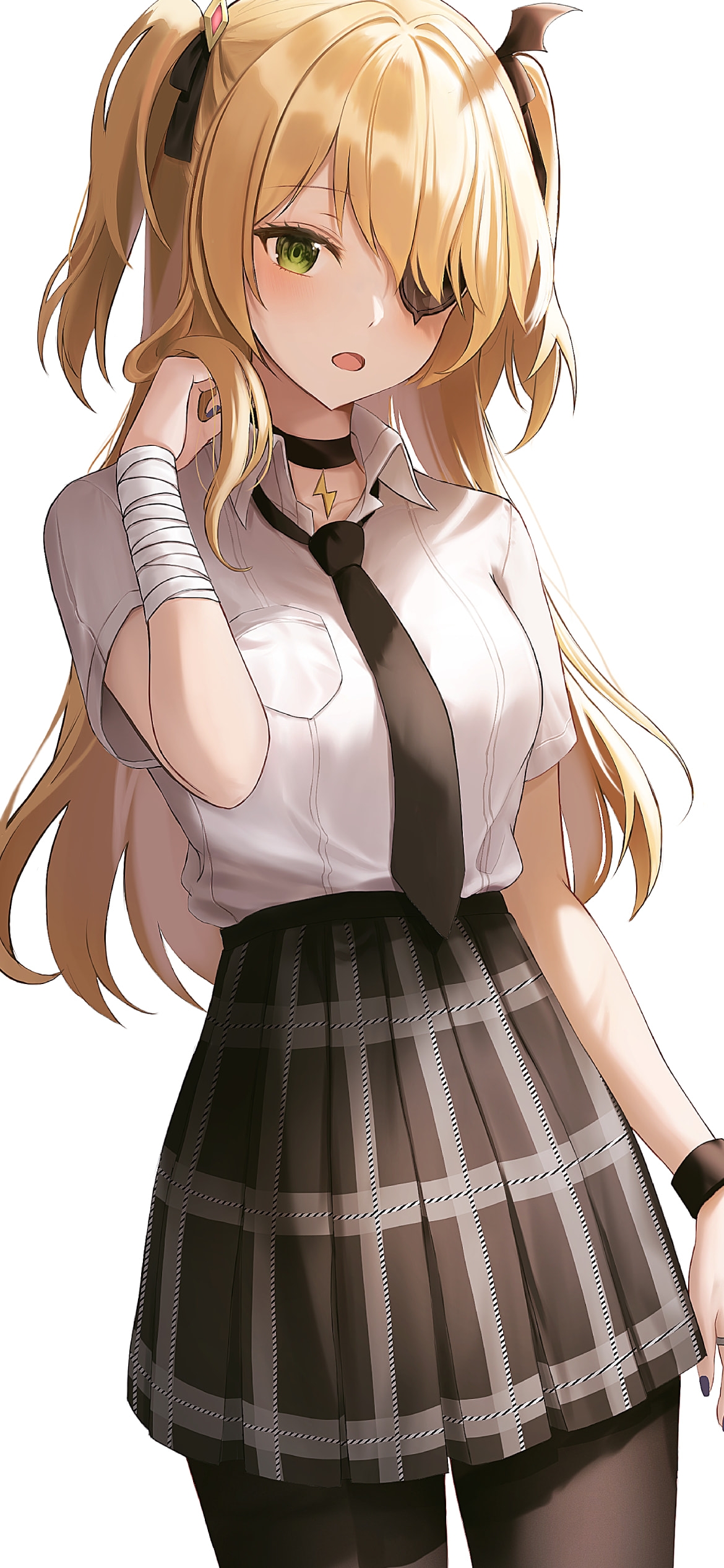 制服を着たフィッシュル / 黒いネクタイ / 眼帯 / ツーサイドアップ / 原神の1170 x 2532 / スマホ壁紙