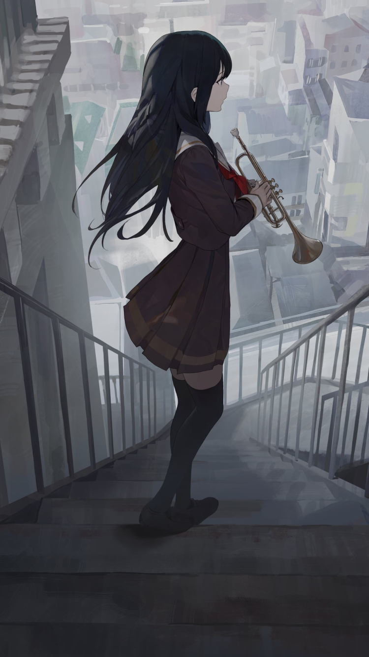 階段でトランペットの練習をする高坂麗奈 / 響け!ユーフォニアムの750 x 1334 / スマホ壁紙