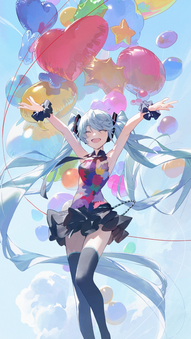 ハートと星型の風船と両手をあげて笑顔の初音ミク / ボカロ / ボーカロイドの750 x 1334 / スマホ壁紙