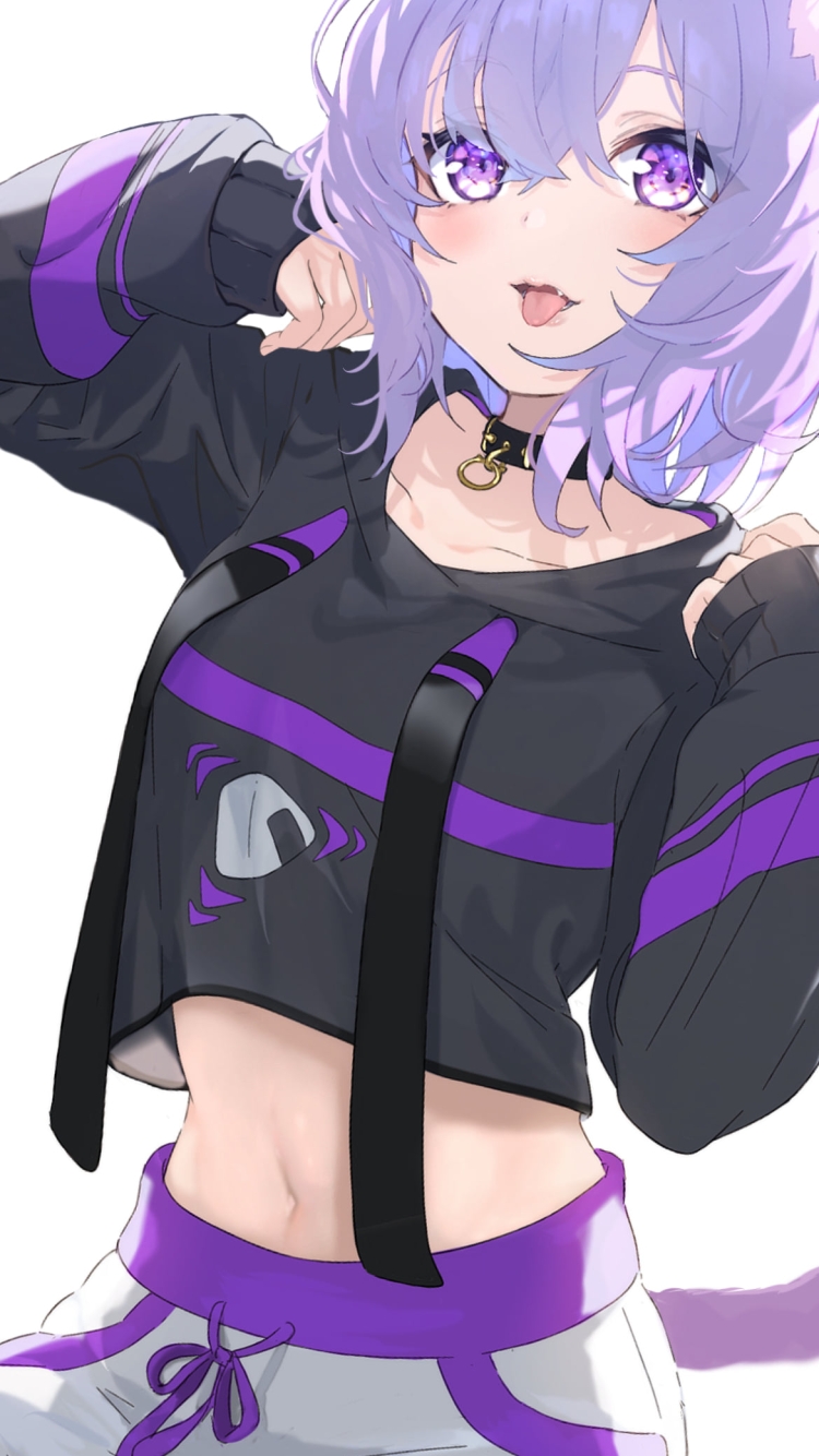 おにぎりのイラストが描いてある洋服を着た猫又おかゆ / ホロライブ / バーチャルYouTuber / Vtuberの750 x 1334 / スマホ壁紙