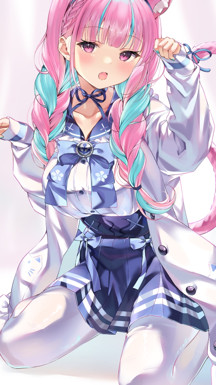 猫っぽいポーズをとる湊あくあ / ホロライブ / バーチャルYouTuber / Vtuberの750 x 1334 / スマホ壁紙