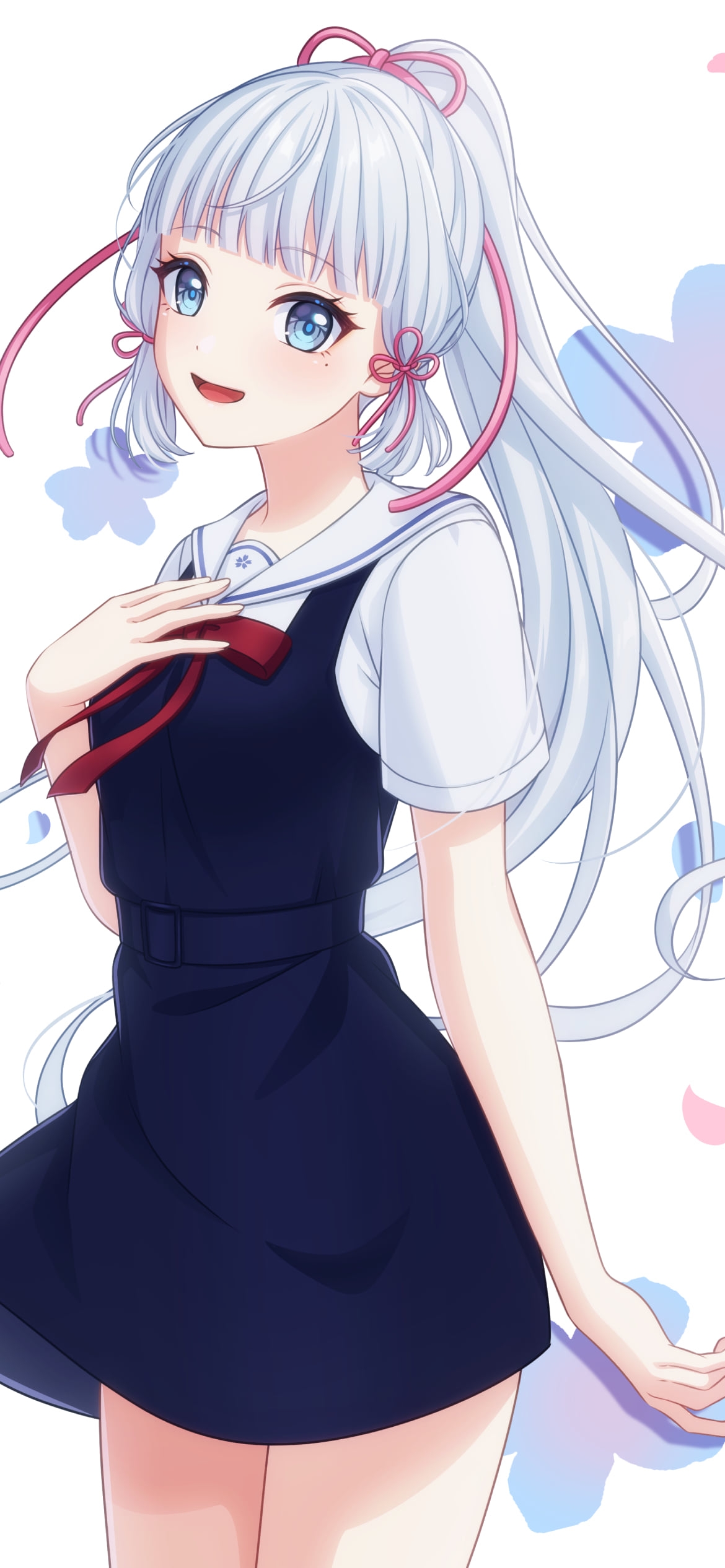 笑顔で胸元に手をあてる神里綾華 / ピンクと水色の花びら / 原神の1170 x 2532 / スマホ壁紙