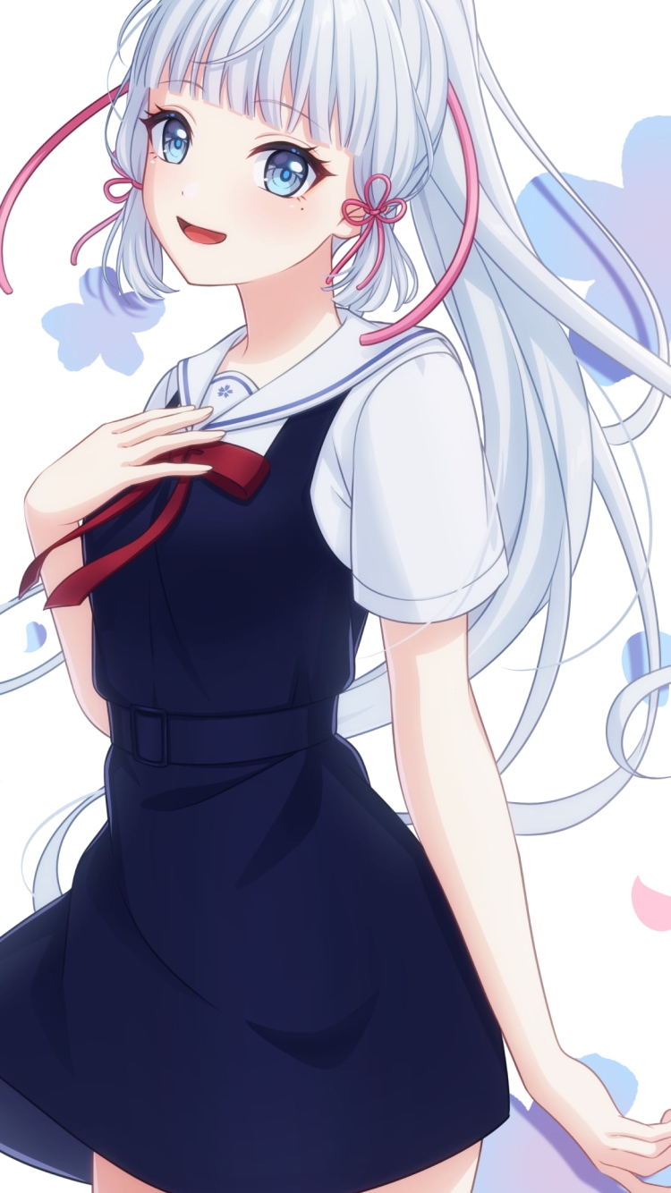 笑顔で胸元に手をあてる神里綾華 / ピンクと水色の花びら / 原神の750 x 1334 / スマホ壁紙