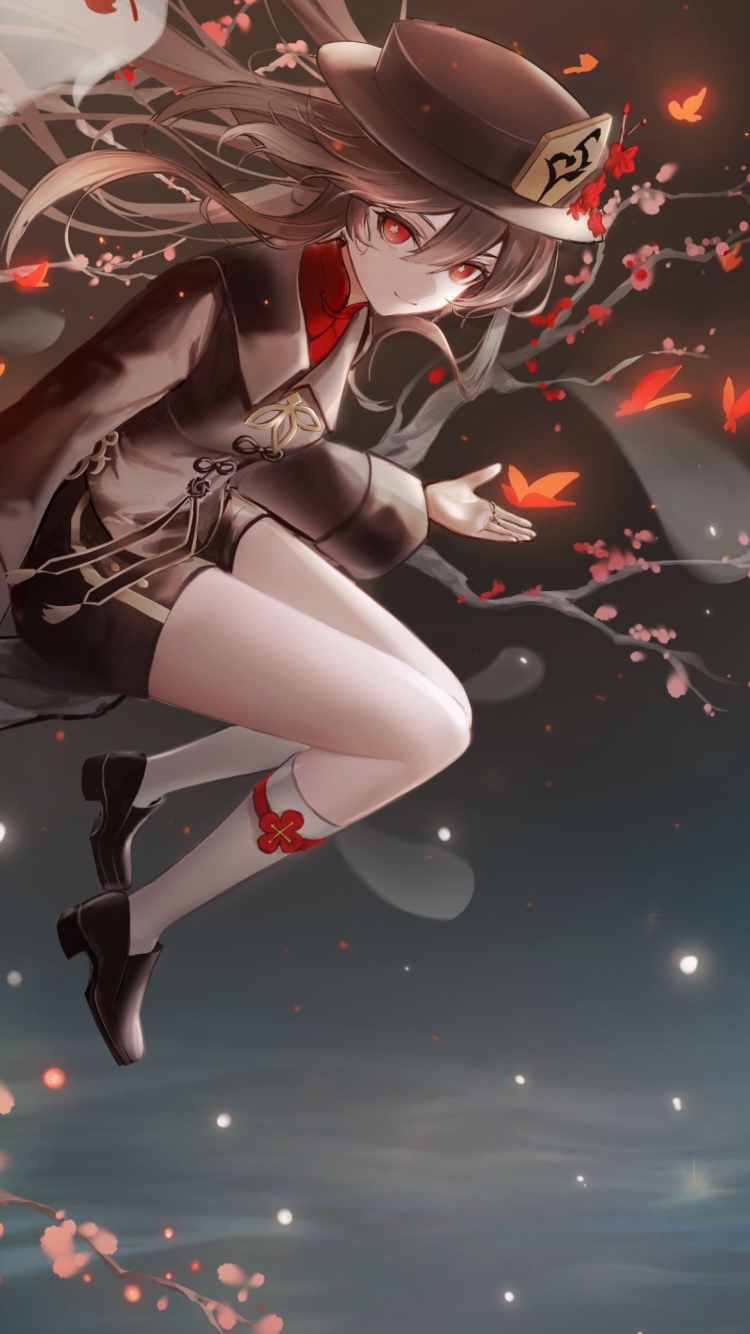 細い木に腰掛ける胡桃 / 笑顔のお化け / 原神の750 x 1334 / スマホ壁紙