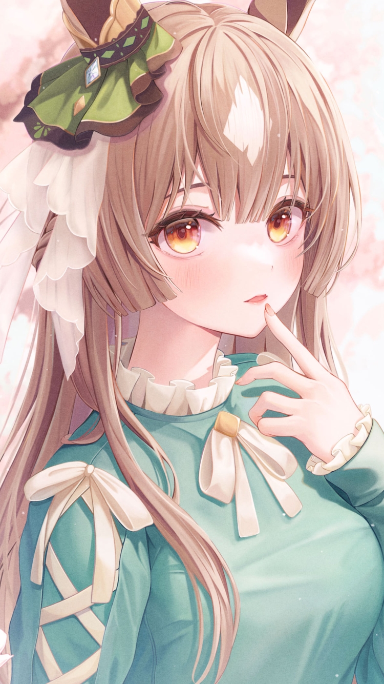淡い緑色の洋服を着て口元に指をあてるサトノダイヤモンド / ウマ娘プリティーダービー / イラスト / ファンアートの750 x 1334 / スマホ壁紙