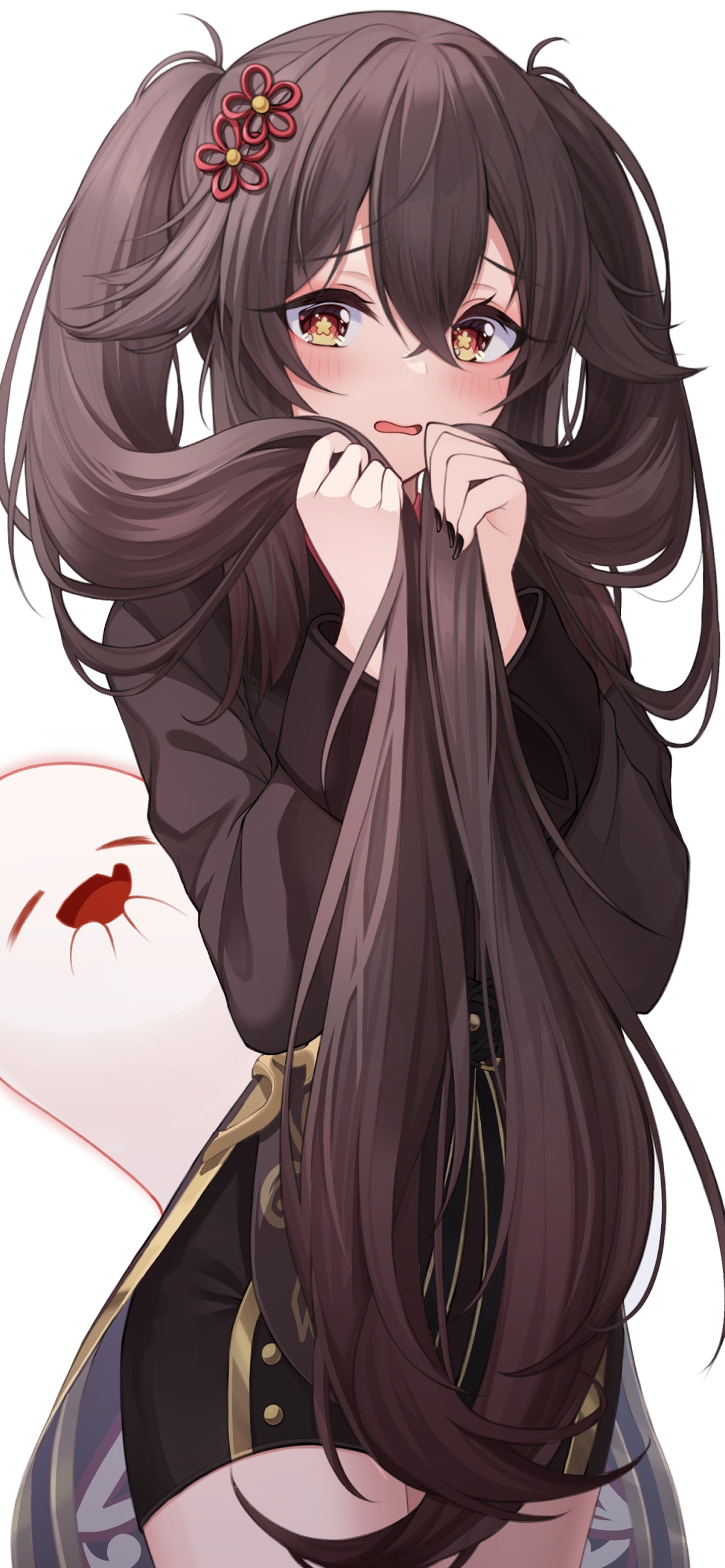 ツインテールの長い髪で顔を隠し照れている可愛い胡桃とそれを見て笑うお化け / 原神の1170 x 2532 / スマホ壁紙