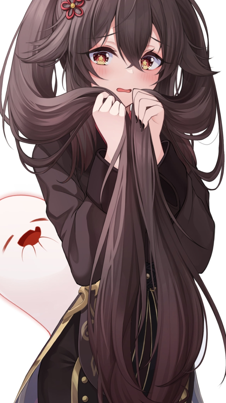 ツインテールの長い髪で顔を隠し照れている可愛い胡桃とそれを見て笑うお化け / 原神の750 x 1334 / スマホ壁紙