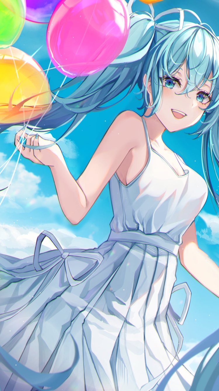 ピンク・紫・緑・黄色の鮮やかな風船を持つ白いドレスを着た笑顔の初音ミク / ボカロ / ボーカロイドの750 x 1334 / スマホ壁紙