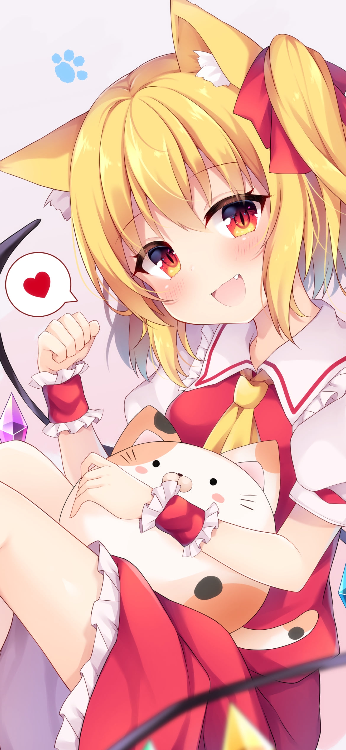 ガッツポーズをして笑顔のフランドール・スカーレット / 赤いハート / 東方の1170 x 2532 / スマホ壁紙