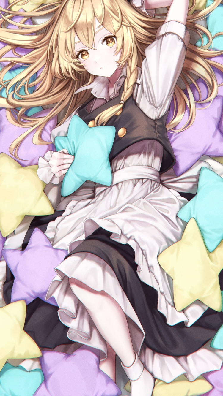 寝そべる霧雨魔理沙 / 黄色・緑・紫の星型のクッション / 東方の750 x 1334 / スマホ壁紙