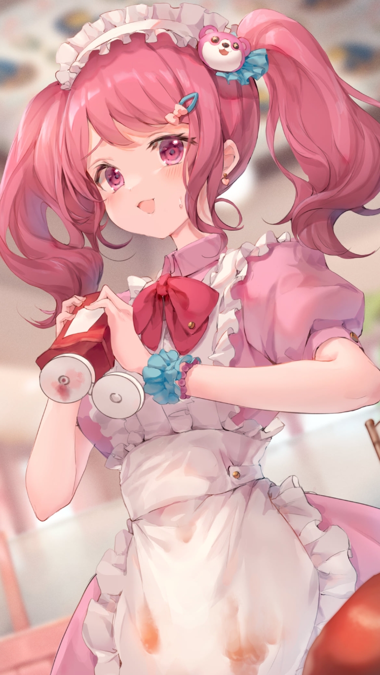 ケチャップをぶちまけて焦る丸山彩 / メロンソーダ / ピンクのメイド服 / 日の丸の旗 / バンドリ！ / イラスト / ファンアートの750 x 1334 / スマホ壁紙