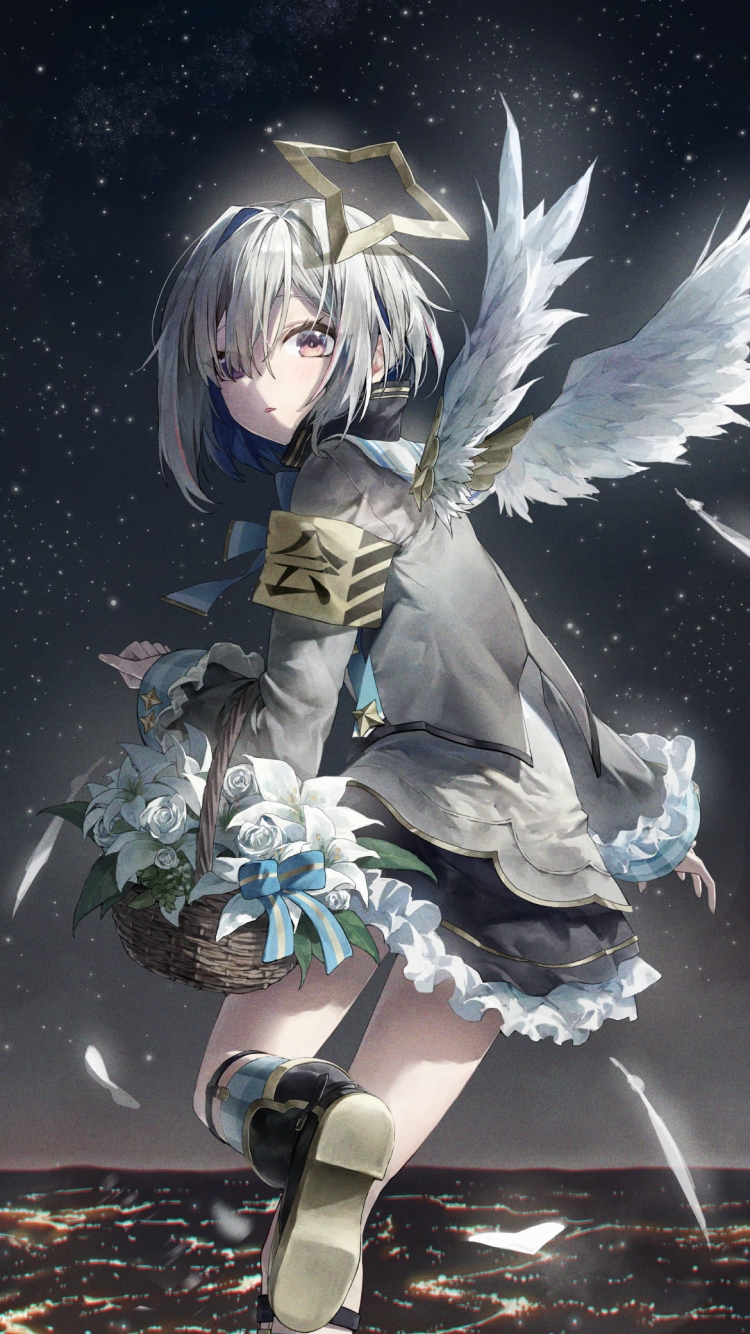 花が入った籠を持ち夜の空に浮遊する天音かなた / ホロライブ / バーチャルYouTuber / Vtuberの750 x 1334 / スマホ壁紙