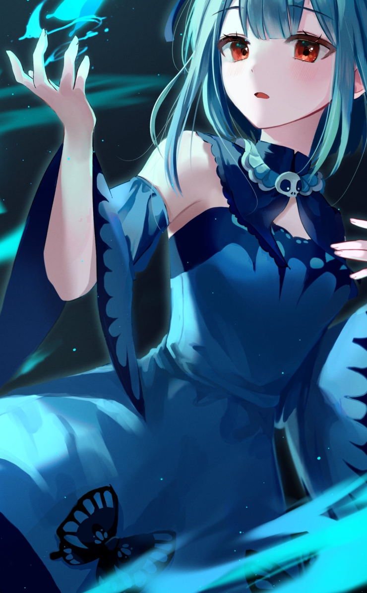 緑の光る蝶と綺麗な潤羽るしあ / お団子ヘアー / ホロライブ / バーチャルYouTuber / Vtuber / イラスト / ファンアートの740 x 1196 / スマホ壁紙