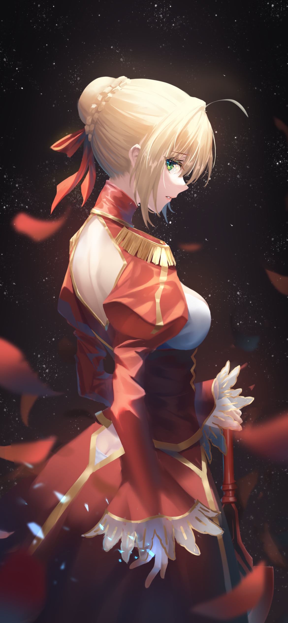 赤い花びらと綺麗なネロ・クラウディウス / fate/extra / イラスト / ファンアートの1170 x 2532 / スマホ壁紙