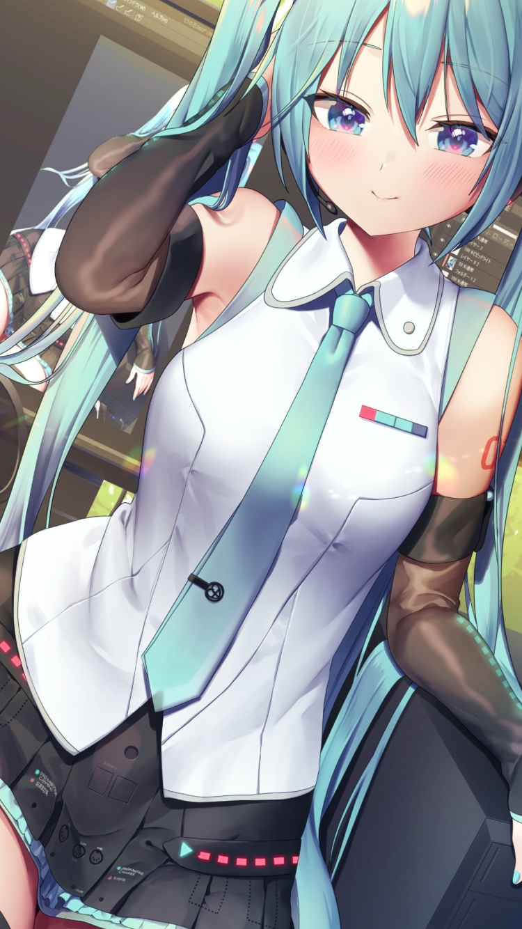 PCモニターの前の可愛い初音ミク / ボカロ / ボーカロイドの750 x 1334 / スマホ壁紙