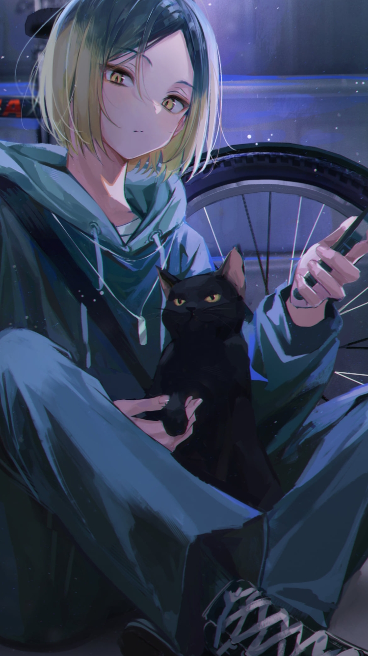黒猫を抱えてスマホを見る孤爪研磨(こづめ けんま) / 自転車 / ハイキュー!!の750 x 1334 / スマホ壁紙