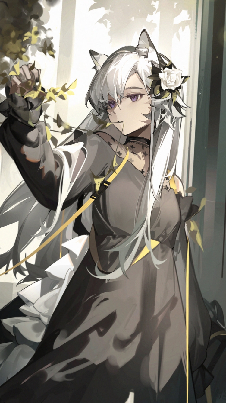 黄緑の草を咥え持つヘビーレイン / アークナイツの750 x 1334 / スマホ壁紙