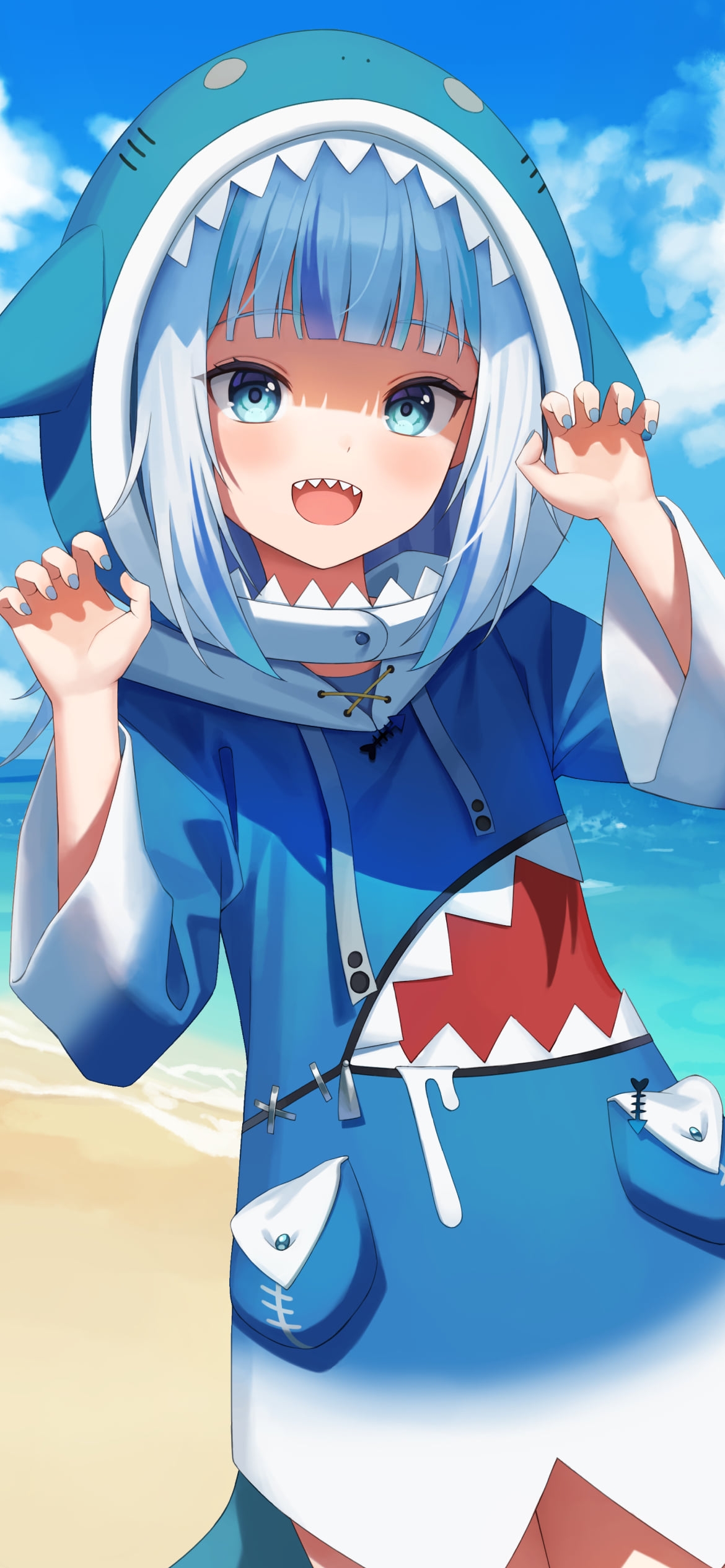 夏の海と砂浜でポーズをとる可愛いがうる・ぐら / ホロライブ / バーチャルYouTuber / Vtuberの1170 x 2532 / スマホ壁紙