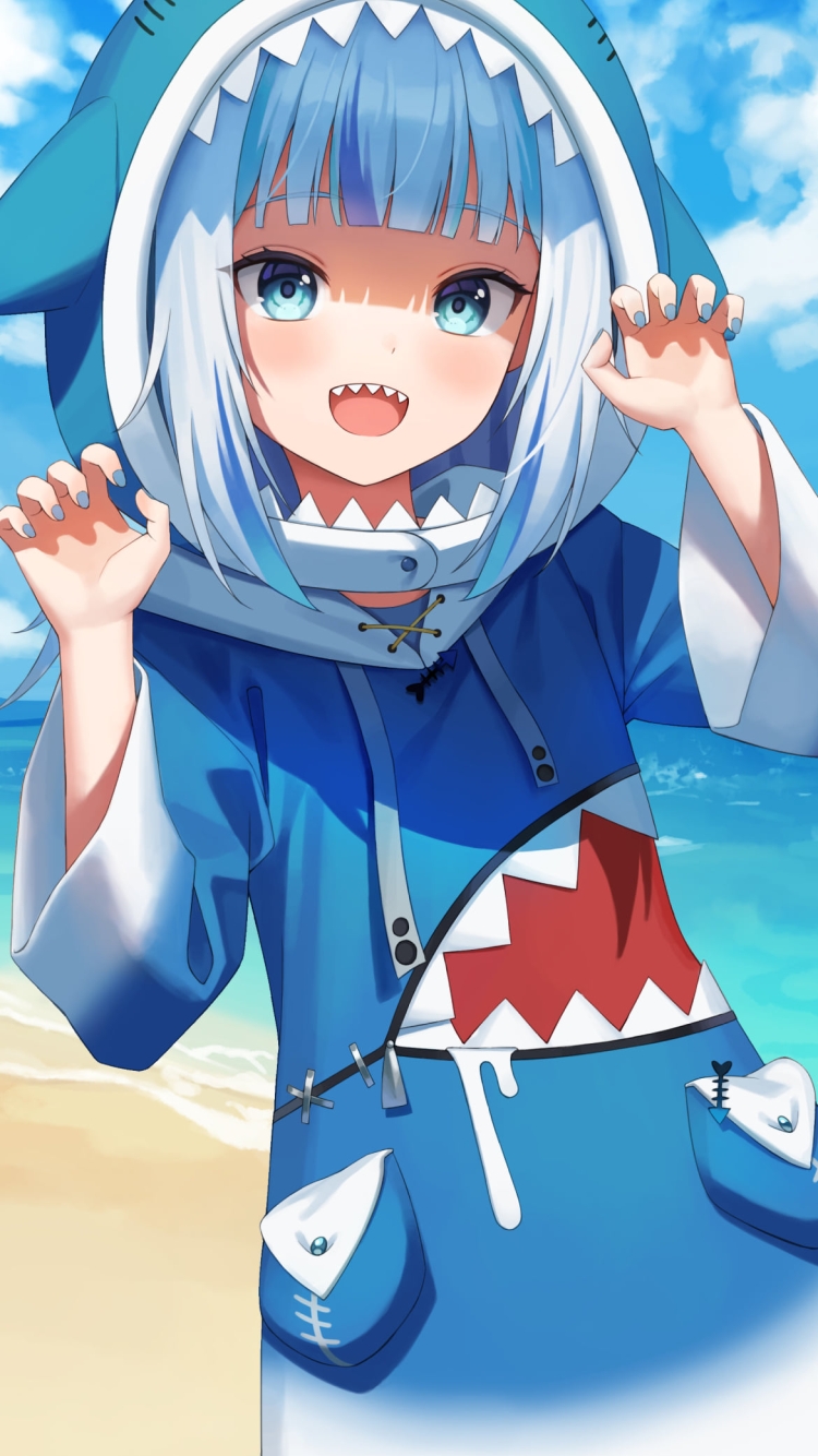 夏の海と砂浜でポーズをとる可愛いがうる・ぐら / ホロライブ / バーチャルYouTuber / Vtuberの750 x 1334 / スマホ壁紙