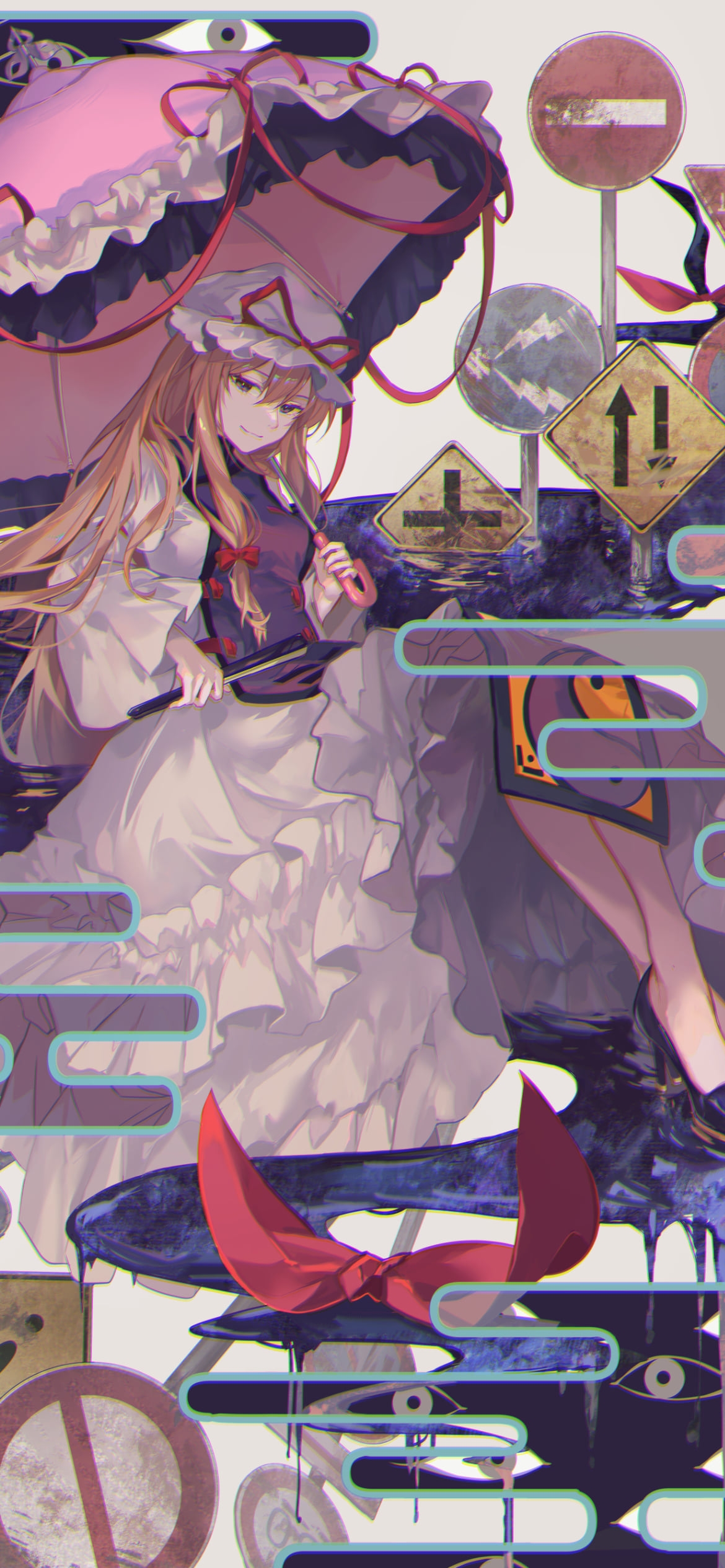 沢山の道路交通標識と日傘をさす八雲紫 / 東方の1170 x 2532 / スマホ壁紙