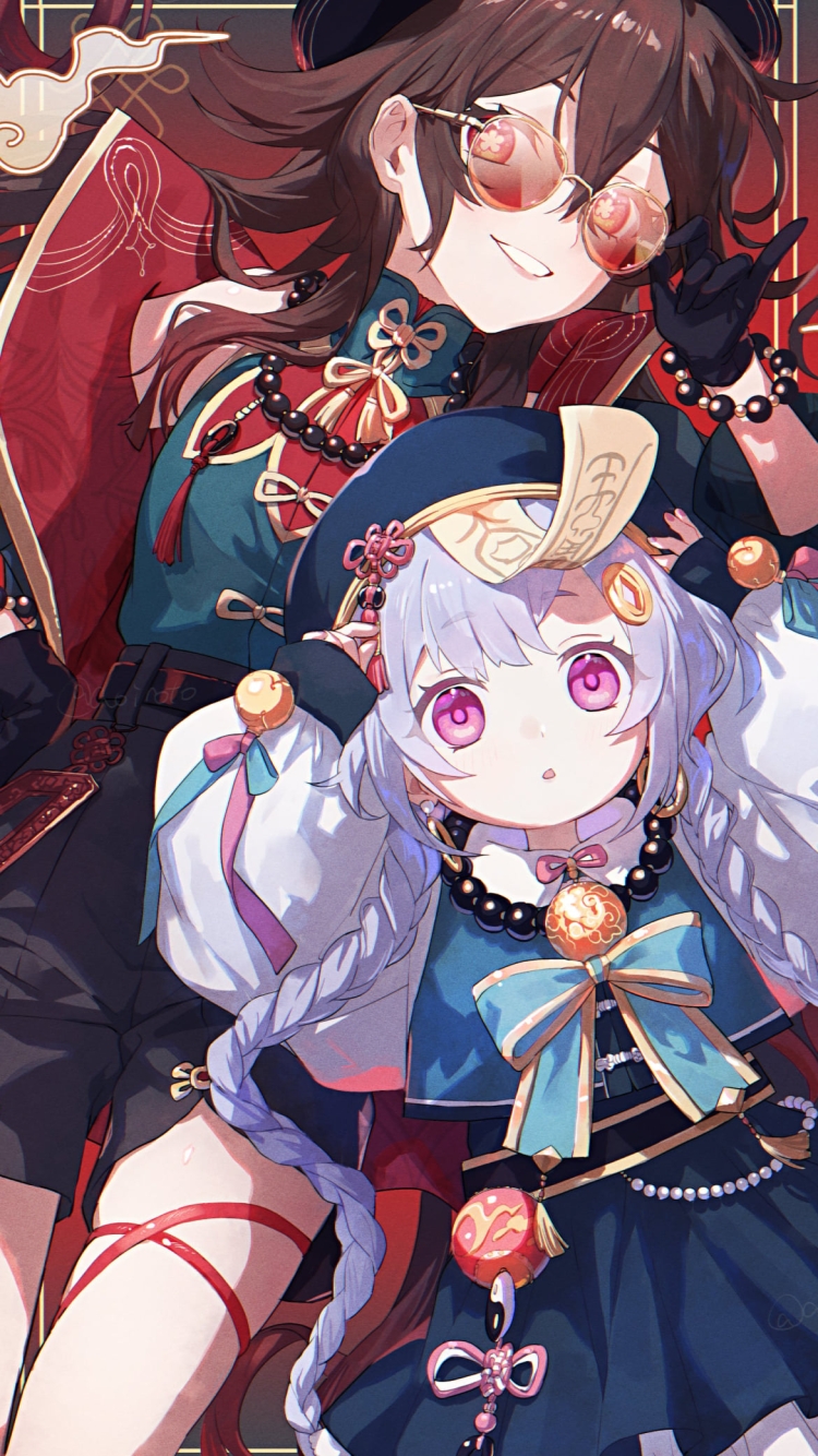サングラスをかけた胡桃とピンクの目がクリクリの七七 / 原神の750 x 1334 / スマホ壁紙