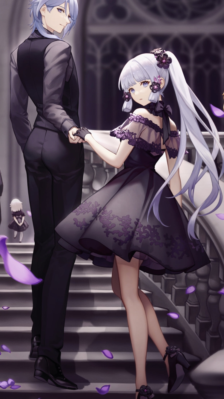 神里綾華をエスコートする神里綾人 / 黒いスーツとドレス / 原神の750 x 1334 / スマホ壁紙