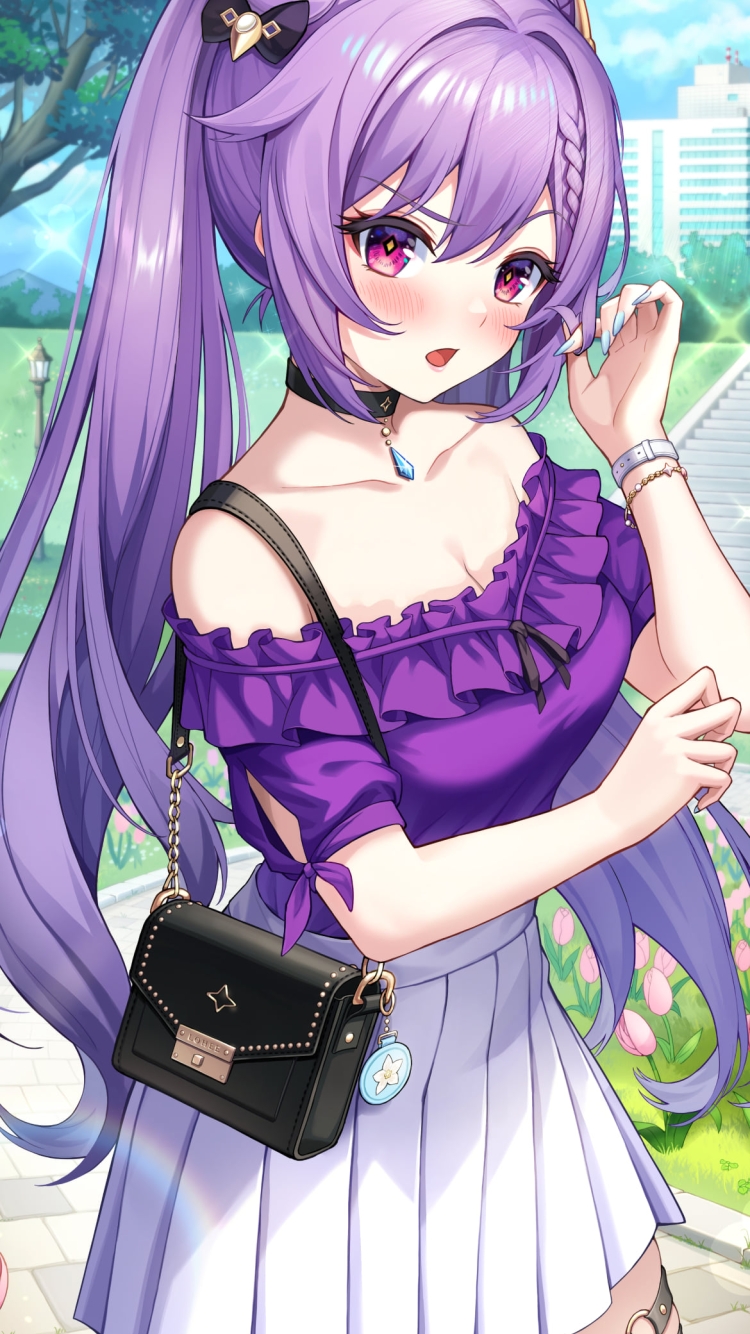 紫の洋服を着た可愛い刻晴 / お出かけ / 黒いバック / 原神の750 x 1334 / スマホ壁紙