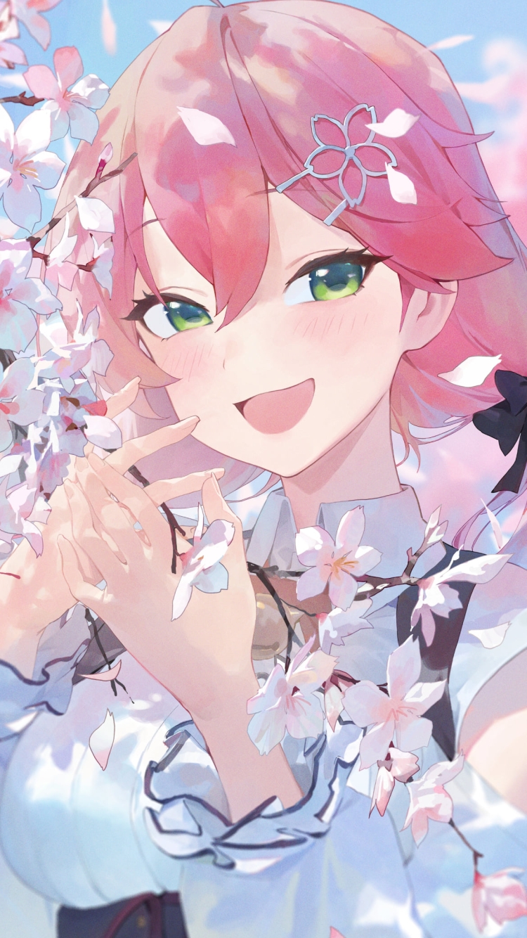 ピンクの桜と笑顔のさくらみこ / 緑の瞳 / ホロライブ / バーチャルYouTuber / Vtuberの750 x 1334 / スマホ壁紙