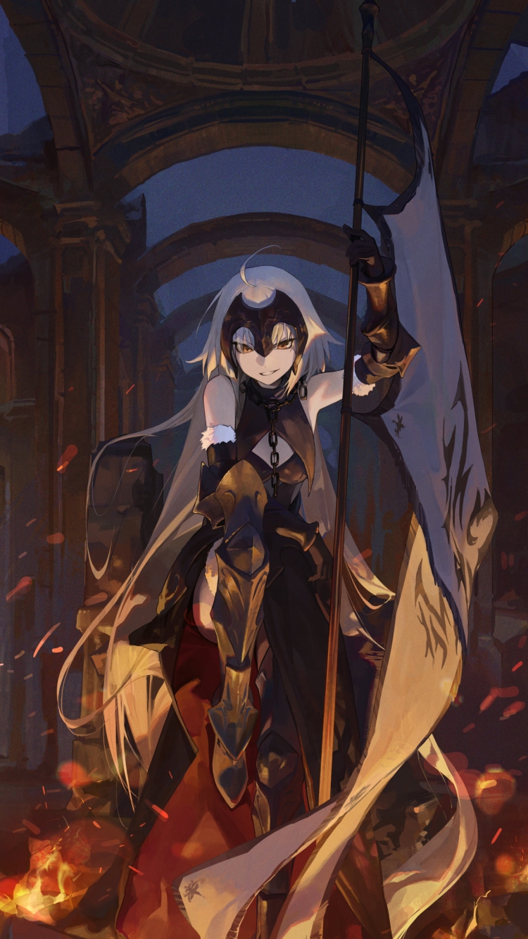 炎の中 黒い槍を持ち冷笑するジャンヌ・オルタ / fate/grand orderの750 x 1334 / スマホ壁紙