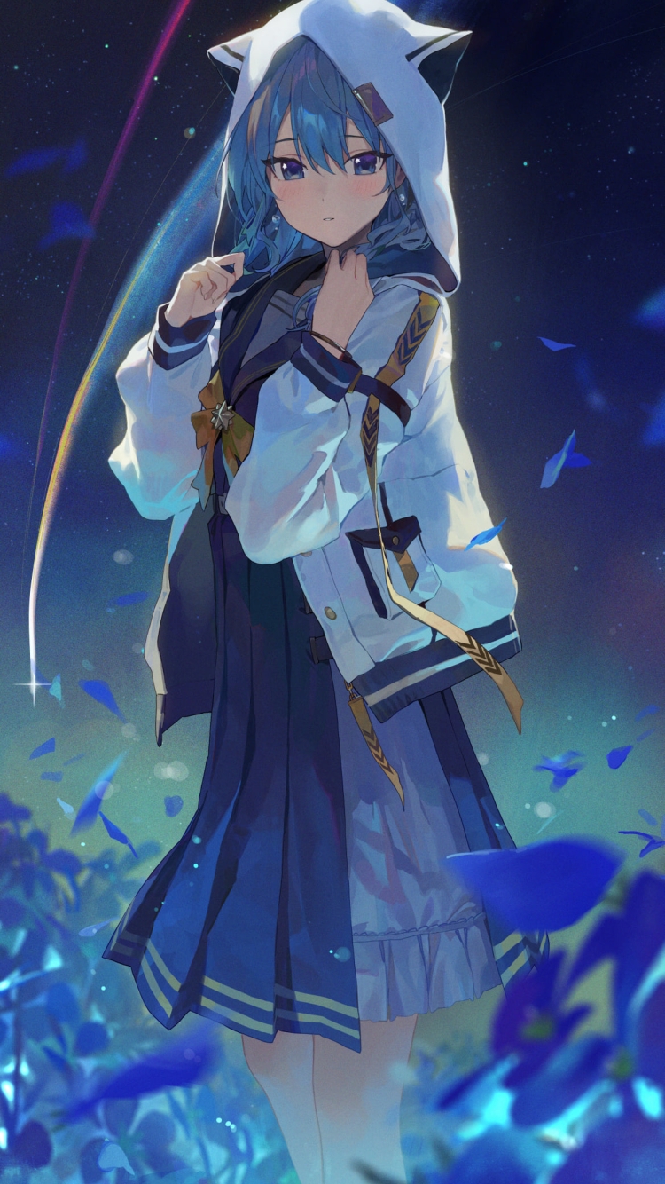 青い花とこちらを見つめる星街すいせい / 赤と黄色の彗星の750 x 1334 / スマホ壁紙